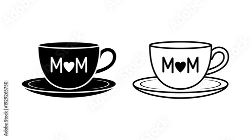 Black and white mom cups with heart on saucers side by side