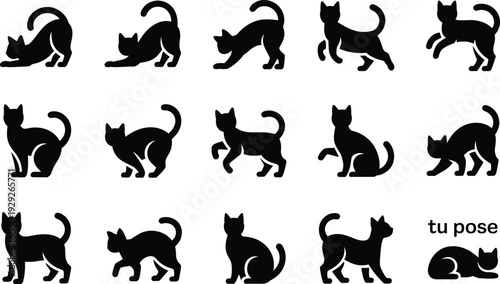 Black cat silhouette set various poses vector illustration minimalist design pet icons collection isolated white background