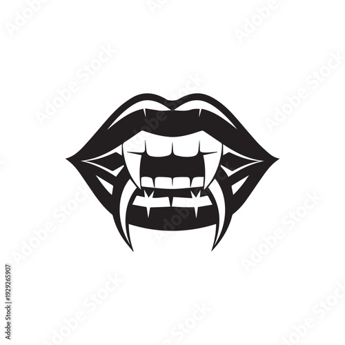 Black Silhouette Illustration of Vampire Lips with Sharp Fangs for Halloween Design. 