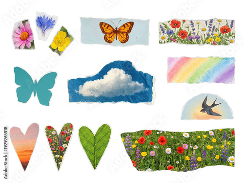  A collection of charming watercolor elements, including flowers, butterflies, clouds, rainbows and hearts, arranged in a delightful and artistic composition. PNG on transparent background.