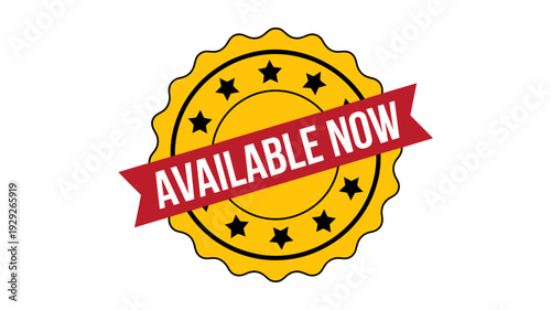 Yellow badge with stars and available now text on white background