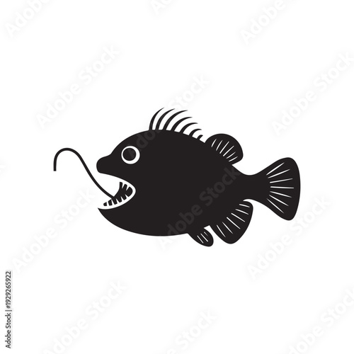 Black Silhouette Illustration of a Deep Sea Anglerfish with Its Lure. 