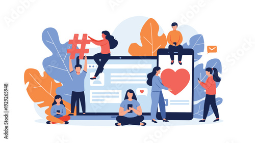 Group of people interacting with oversized social media icons and devices to represent online community engagement and digital communication trends.