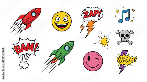 Pop Art Assortment: A vibrant collection of pop art elements, including a rocket, emojis, lightning bolts, musical note, and skull, creating a dynamic visual narrative