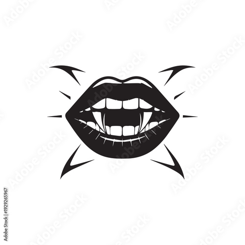 Black Silhouette Illustration of Vampire Lips with Sharp Fangs for Halloween Design. 