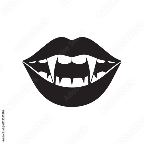 Black Silhouette Illustration of Vampire Lips with Sharp Fangs for Halloween Design. 