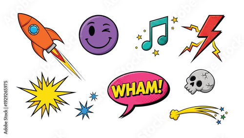 Comic Elements: Playful cartoon elements bursting with energy and creativity, including a rocket ship, smiley face, musical note, lightning bolt, and starburst, ready to bring your designs to life.
