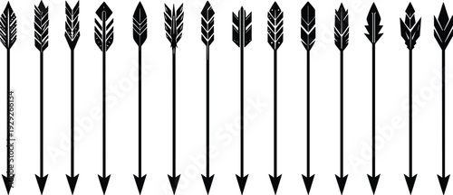 Collection of black arrow silhouettes with various feather fletching designs isolated on white background for archery and hunting vector graphics