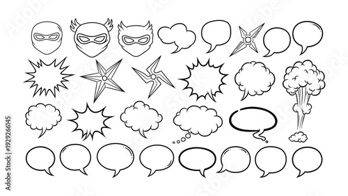 Comic book design element: A comprehensive compilation of comic book design elements, including thought bubbles, speech bubbles, and ninja star. A versatile array for graphic design projects
