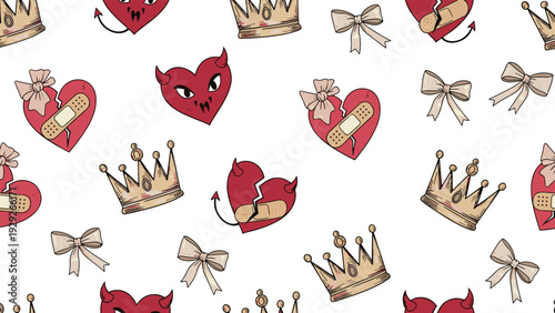 Quirky seamless pattern containing golden crowns, pink bows, and devil horned broken hearts for a rebellious and fun aesthetic design.