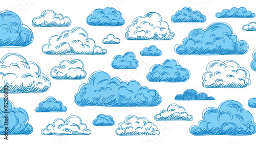 Seamless pattern showing a variety of sketched blue and white clouds with crosshatch shading to create a textured sky background effect.