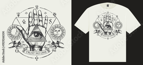 design, concept, or idea for a printed T-shirt with Hand-drawn round vector emblem with all-seeing eye of God on an open palm. Human hand with eye of Providence in a triangle, sun, moon, esoteric symb