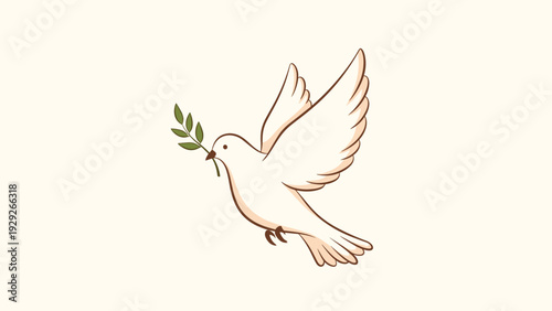 Graceful white dove flying through the air while carrying a green olive branch in its beak to represent the universal symbol of peace.