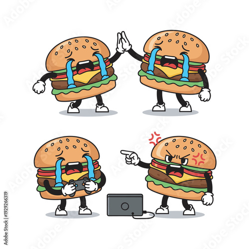 Cartoon burger characters having fun and working on laptop with copy space