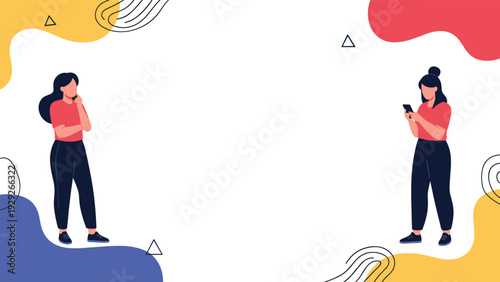 Two young women standing apart and looking at their smartphones within a modern background of abstract colorful shapes and lines.