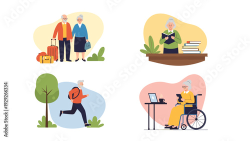 Diverse group of senior citizens enjoying various lifestyle activities such as traveling, reading, exercise, and browsing on a tablet computer.