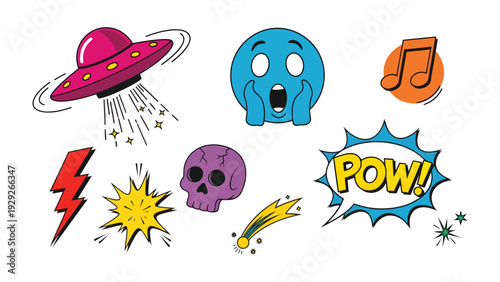 Pop Art Collection: A vibrant assemblage of comic book-style icons bursts with energy and imagination, featuring a UFO, emoji, musical note, lightning bolt, skull, shooting star.