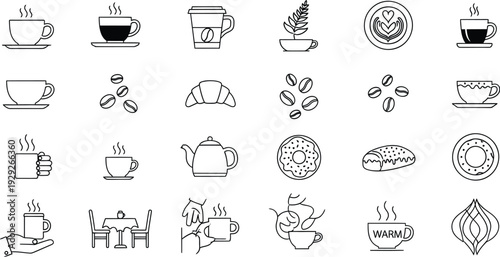 Set of 24 Coffee Shop and Cafe Line Icons Vector
