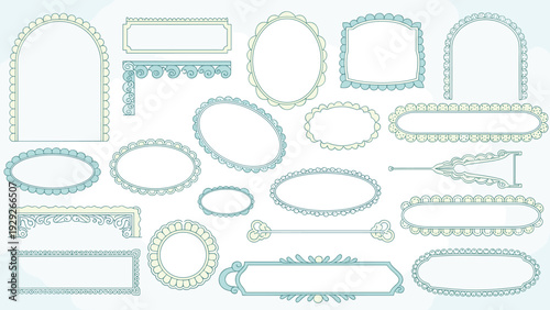 Extensive set of elegant decorative frames and border elements in soft blue and yellow tones for vintage style graphic design projects.