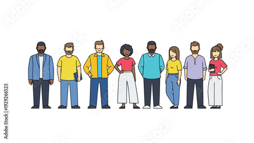 Row of diverse people of various ethnicities and backgrounds standing together in simple modern clothing representing social community and unity.