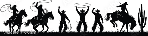 Wild west cowboy silhouette collection featuring rodeo riders on horses with lassos and desert cactus elements isolated on white background vector illustration set