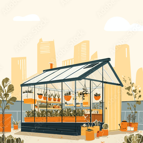 Modern Rooftop Greenhouse Above City Skyline