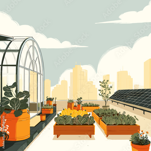 Modern Rooftop Greenhouse Above City Skyline