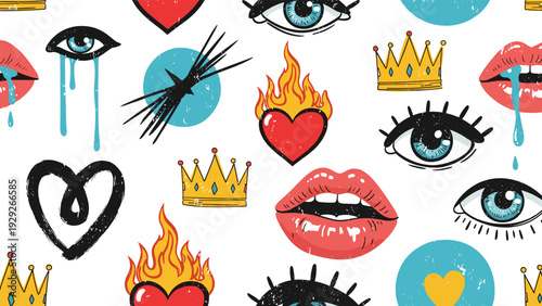 Vibrant seamless pattern with edgy pop art symbols including crying eyes, flaming hearts, and luscious red lips for a bold graphic statement.