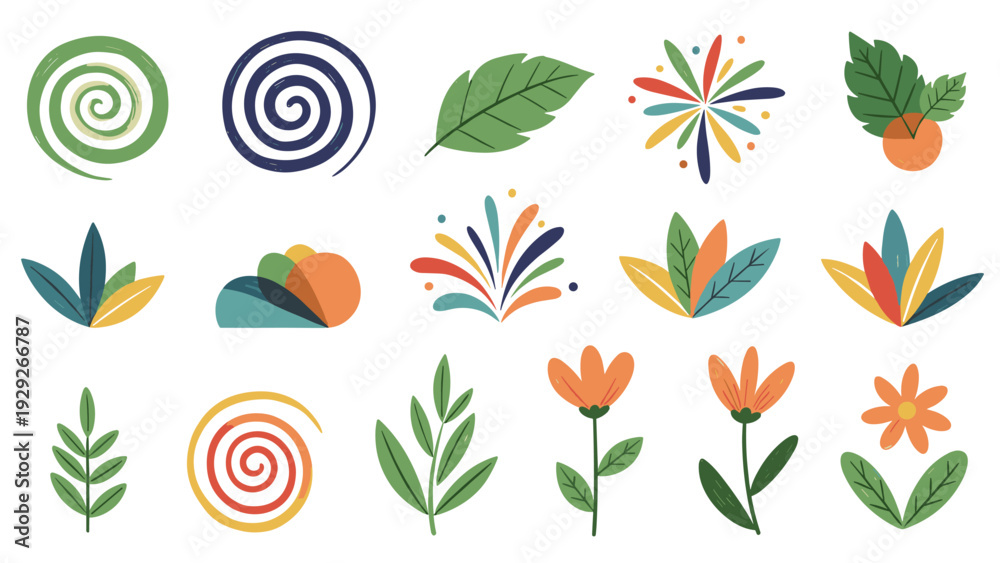 Fototapeta premium Diverse collection of nature and abstract icons including leaves flowers and spirals in earthy tones are presented on a white background.