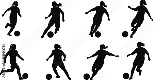 Set of eight female soccer player silhouettes dribbling and running with ball isolated on white background for sports and football design