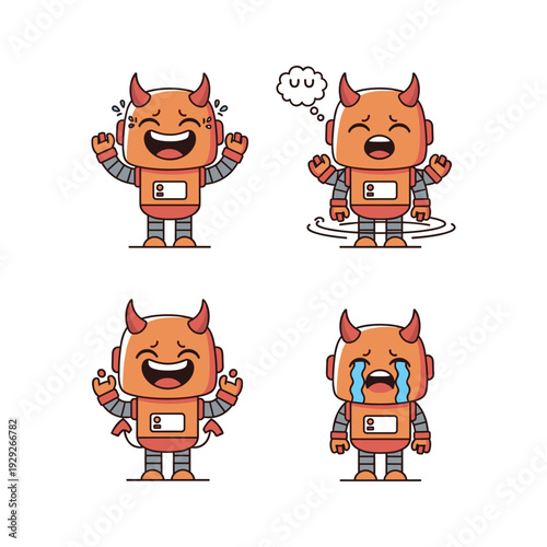 Cartoon devil character expressing different emotions with thought bubble and copy space