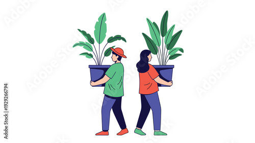 Couple of people carry large green potted plants in opposite directions depicted in a simple flat illustration style on white background.