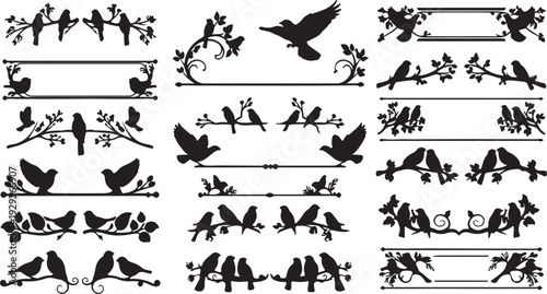 Set of 20 Black Bird and Branch Decorative Vector Frames and Dividers isolated PNG with Transparent Background