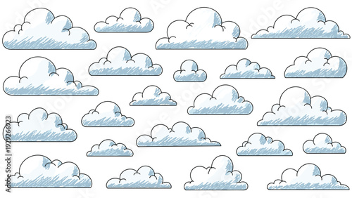 Extensive collection of hand drawn fluffy white clouds with soft blue shading and a sketched texture is shown on a white background.