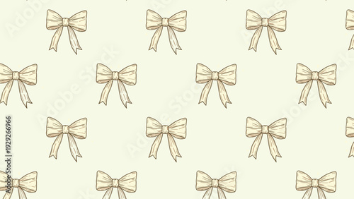 Seamless pattern displays rows of delicate hand sketched cream colored bows on a soft light green background for a gentle design.