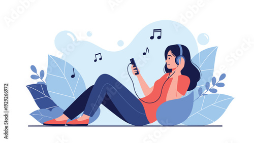 Young woman relaxes while listening to music through headphones surrounded by large stylized blue leaves in a tranquil illustration.