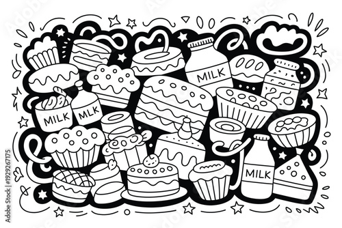 A milk bottle icon illustration with various sweet baked goods around it