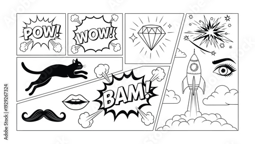 Pop Art Comic Strip: A dynamic comic strip bursts with energy, featuring bold graphics, explosive sound effects, and iconic imagery. Capturing the essence of vintage comic books