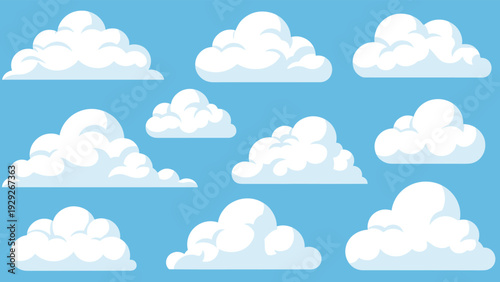 Selection of fluffy stylized white clouds in different shapes and sizes are arranged on a bright blue background in a flat design.