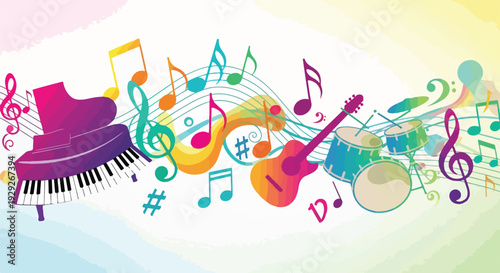 A vibrant, colorful illustration of musical instruments and symbols