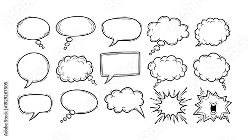 Speaking Bubbles for Illustration: A collection of various comic speech bubbles with blank space, ready to be filled with conversation. Perfect for creative illustrations and adding dialogues.