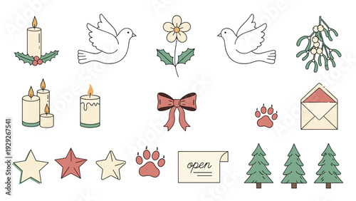 Set of delicate hand-drawn Christmas and holiday themed icons including candles, doves, stars, pine trees, and a festive bow.