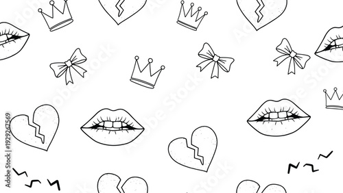 Seamless pattern showcasing hand-drawn line art of lips, broken hearts, crowns, and bows in a playful and expressive doodle style.