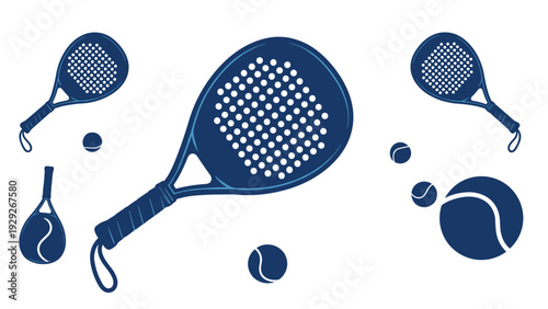 Collection of blue padel or tennis rackets and balls arranged in a dynamic composition against a white background for sports themes.