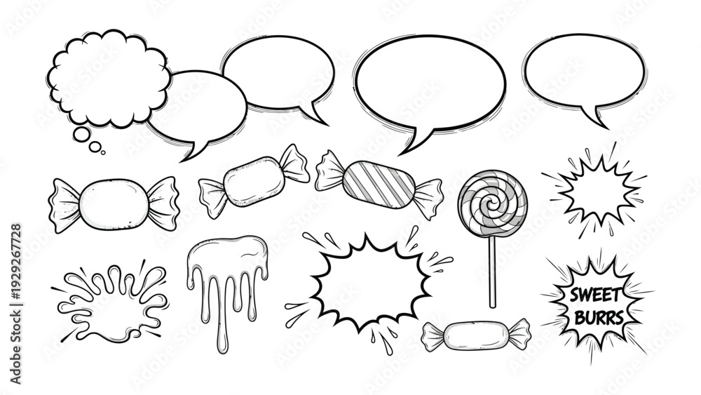 Fototapeta premium Sweet speech bubbles and candy set: This image features a delightful collection of whimsical speech bubbles alongside an assortment of candies, lollipop, and other confectionary treats.