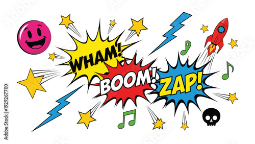 Comic Book Pop Art: Dynamic comic book elements burst forth with vibrant colors and bold text, celebrating the thrill of action, sound effects and fun.