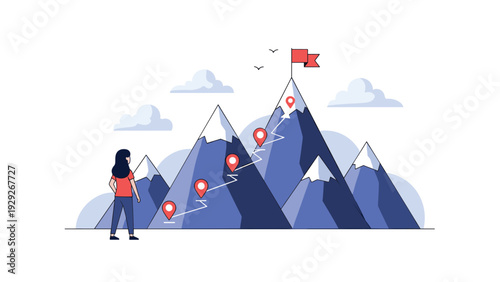 Flat illustration of a woman looking at a mountain range with a marked path and a flag on the summit representing goal setting.