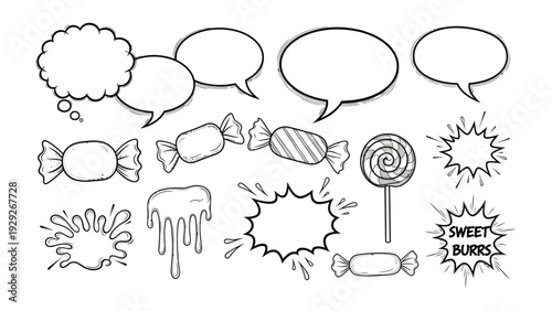 Sweet speech bubbles and candy set: This image features a delightful collection of whimsical speech bubbles alongside an assortment of candies, lollipop, and other confectionary treats.