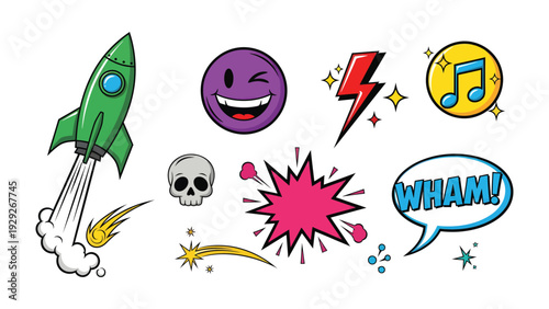 Whimsical pop art sticker set: vibrant array of pop art stickers including rocket, flash, music note, emotion and skull, injecting playful expression to design.
