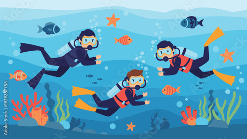 Underwater illustration of three scuba divers exploring a colorful coral reef with various tropical fish and starfish in the sea.